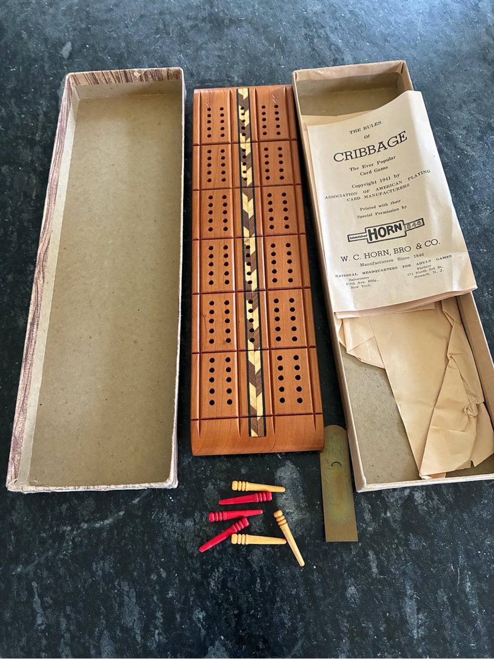 Vintage Wooden Cribbage Board Set by Horn - Brown with Red & Yellow Pegs